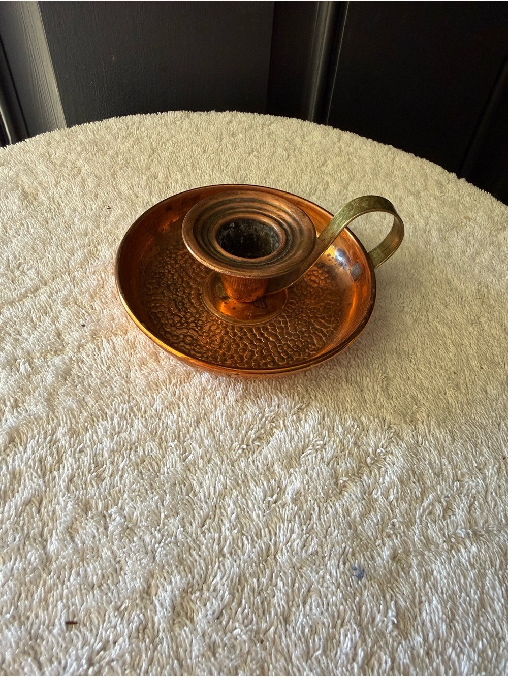 VINTAGE COPPER CRAFT GUILD HAMMERED COPPER CANDLESTICK HOLDER BRASS HANDLE